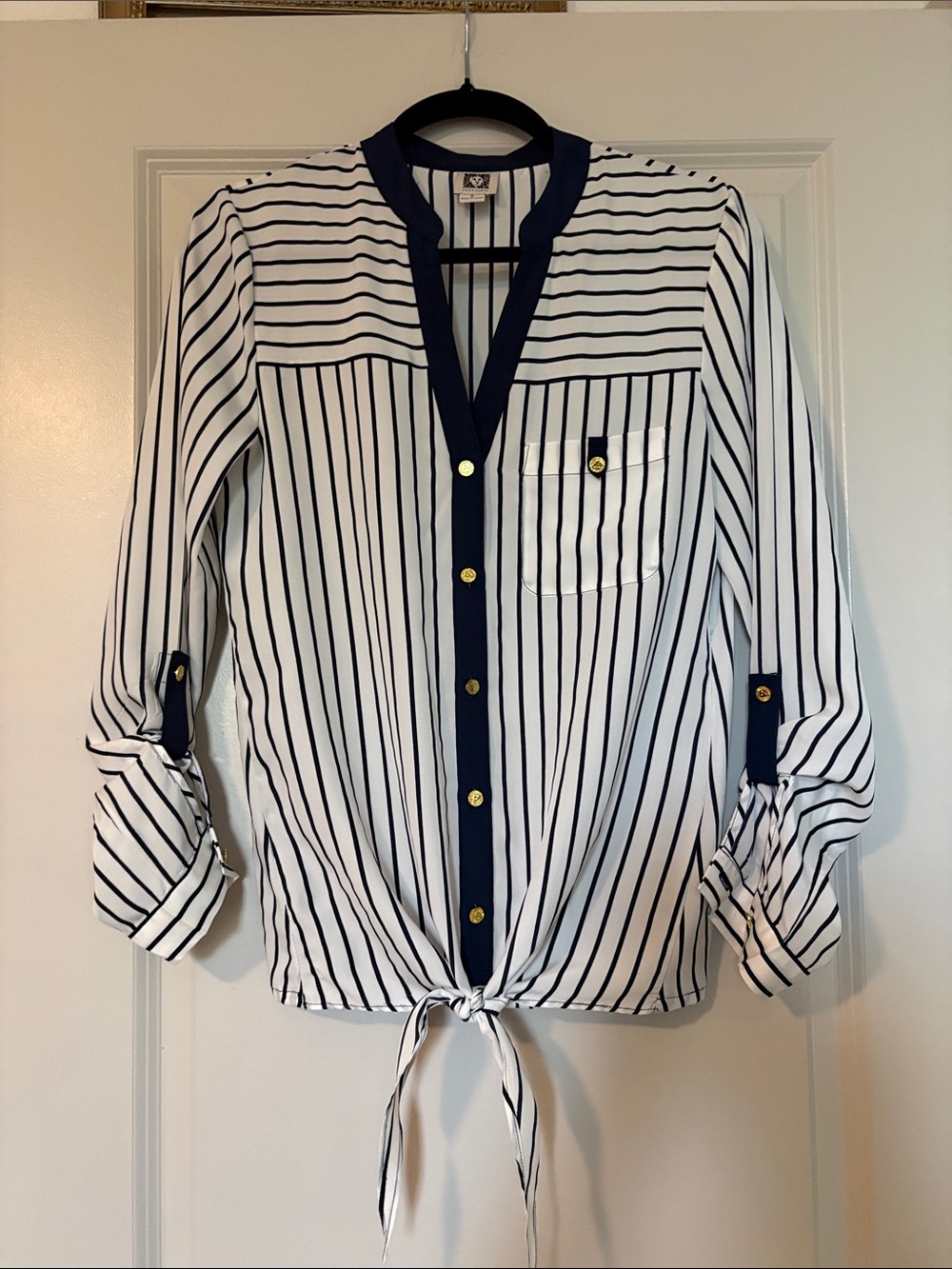 Anne Klein White and Navy Striped Button-Front Tie Shirt with Gold Buttons
